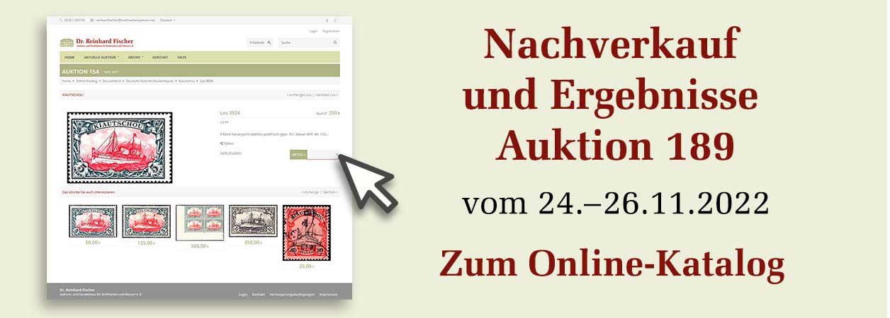 Nachverkauf und Ergebnisse der Briefmarken-, Münz- und Schmuck-Auktion 189 am 24.-26. November 2022